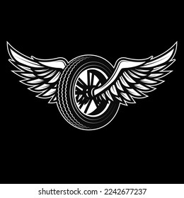 Winged wheel in monochrome style. Design element for logo, label, sign, emblem. Vector illustration