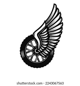 Winged wheel in monochrome style. Design element for logo, label, sign, emblem. Vector illustration