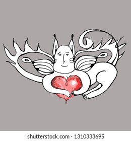 winged white cat with the heart