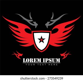 winged white shield with the star icon. star shield with the red flame. red winged white shield.