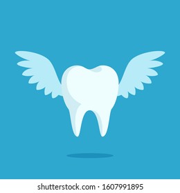 Winged white tooth. Tooth extraction. Vector illustration, isolated on blue background.