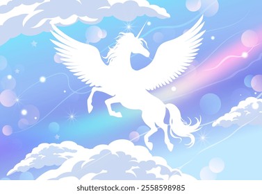 Winged white unicorn against the background of a sunny blue sky with clouds, aurora and a rainbow. Background of a sky with a silhouette of a unicorn. Vector illustration in cartoon anime style.
