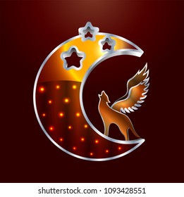 Winged wolf howling at the moon. Pendant with numerous stylized small diamonds.Vector.