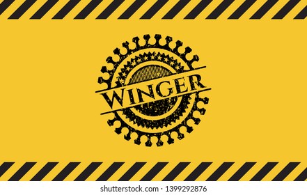 Winger black grunge emblem inside yellow warning sign. Vector Illustration. Detailed.