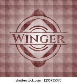Winger red seamless emblem with geometric pattern background.