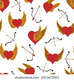 Winging Hearts seamless pattern. Valentine day wallpaper. Hand drawn cartoon flying heart in retro vintage style. Angel heart with wings, Bow and arrow. Valentine’s Day vector illustration background