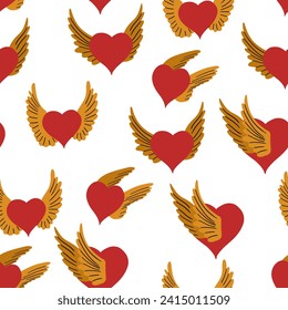 Winging Hearts seamless pattern. Valentine day wallpaper. Hand drawn cartoon cute flying heart in retro vintage style. Angel heart with wings. Cupid Love Valentine’s Day vector illustration background