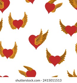 Patrón sin fisuras de Winging Hearts. Fondo de pantalla de San Valentín. Dibujo manual de caricatura lindo corazón volador en estilo retro vintage. Corazón de ángel con alas. Fondo de ilustración vectorial del Día de San Valentín de amor cupido