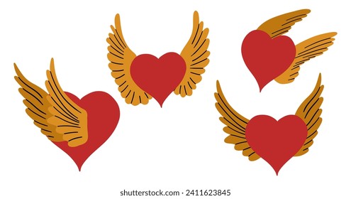 Winging Hearts. Valentine day collection. Hand drawn cartoon cute flying heart elements in retro vintage style. Angel heart with wings. Cupid Love Valentine’s Day vector illustration.