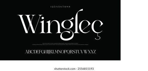 Winglee Elegance serif font with alternate letters with fluid decorative curves swash tails. Refined slick alphabet with luxurious swirls for posh logo, headline