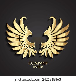 wings 3d gold logo design, vector illustration