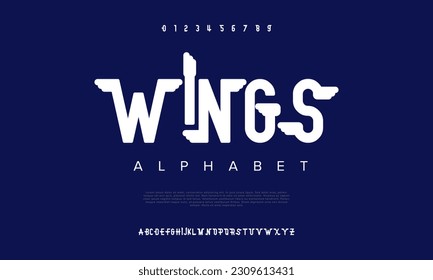 Wings abstract digital technology logo font alphabet. Minimal modern urban fonts for logo, brand etc. Typography typeface uppercase lowercase and number. vector illustration