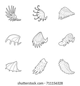 Wings of angel and devil icons set. Outline set of 9 wings of angel and devil vector icons for web isolated on white background