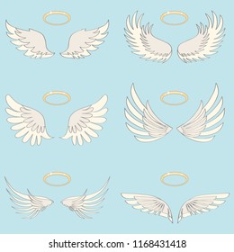 Wings of an angel with a halo, realistic white wings of an angel on a light background. Flat design, vector illustration, vector.