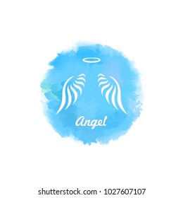 Wings of the Angel and a halo in the sky, imitating watercolor, as a template for a logo, emblem, poster, business card