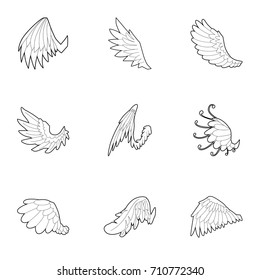 Wings of angel icons set. Outline set of 9 wings of angel vector icons for web isolated on white background