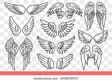 Wings of angels and birds with long feathers for flight on melting distance. Set of elegant pairs of wings of different shapes for design of fashionable clothing or accessories. Hand drawn doodle