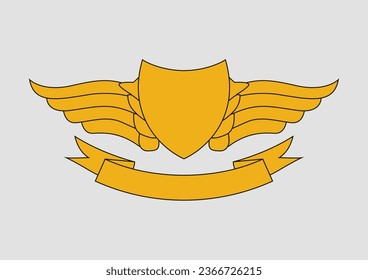 Wings army insignia, aviation badge, pilot label. Shield with an illustration of the wing emblem, with a ribbon underneath
