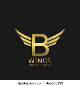 Wings B letter logo. Golden creative alphabet, air emblem