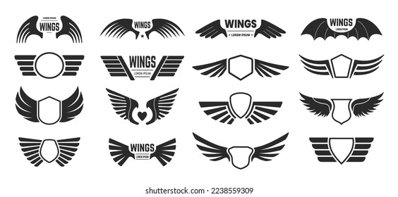 Wings badges. Heraldic shield with flying bird wings, fast frame for biker tag and air force army military aviation emblem vector set of insignia illustration emblem