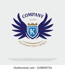 Wings badges logo heraldic. Flying emblem heraldry, eagle bird wing, letter K logo with shield ideas