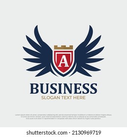 Wings badges logo heraldic. Flying emblem heraldry, eagle bird wing, letter A logo with shield ideas