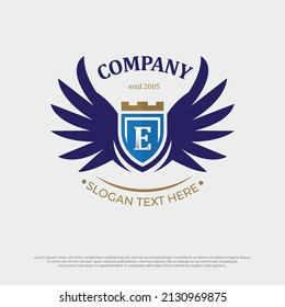 Wings badges logo heraldic. Flying emblem heraldry, eagle bird wing, letter E logo with shield ideas