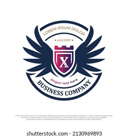 Wings badges logo heraldic. Flying emblem heraldry, eagle bird wing, letter X logo with shield ideas
