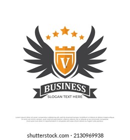 Wings badges logo heraldic. Flying emblem heraldry, eagle bird wing, letter logo V with shield ideas