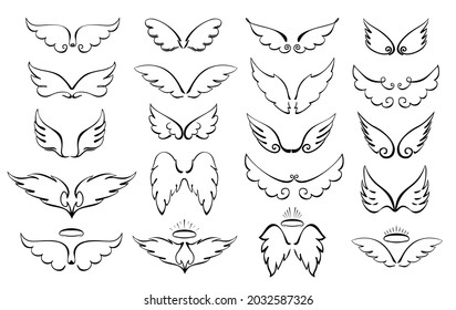 Wings are a big set. Wings and halo. Angel winged glory halo cute cartoon doodles vector illustration isolated on white background