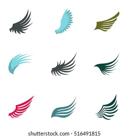 Wings of bird icons set. Flat illustration of 9 wings of bird vector icons for web