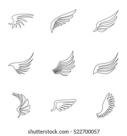Wings of bird icons set. Outline illustration of 9 wings of bird vector icons for web