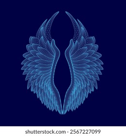 The wings of a bird are shown in blue, with a blue background. The wings are very detailed and appear to be made of small dots. The image has a dreamy, ethereal quality to it