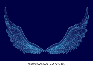 The wings of a bird are shown in a blue color. The wings are shown in a very detailed manner, with many small dots that make up the feathers. The image has a very artistic and dreamy feel to it