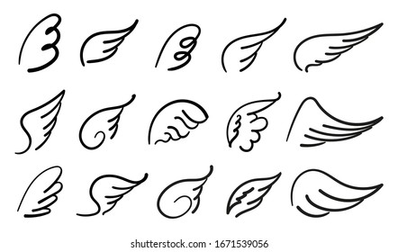 Wings birds and angel. Cartoon doodle bird tattoo wing icon. Feather sketch handdrawn collection