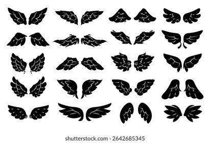 Wings black icon. Angel wing silhouette, abstract bird winged logo, simple decorative heather hawk angels phoenix wing symbols. Vector isolated emblem set.