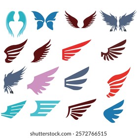 Wings black icons vector set. Colored wings icons on a transparent background. Line style. Angel wings icon vector set. Eagle, bird, heraldic, flying, falcon, phoenix, hawk logo

