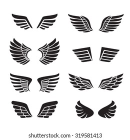 Wings black icons vector set (silhouettes). Modern minimalistic design.