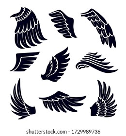 Wings Black Silhouettes Icons Set Isolated on White Background. Birds or Angel Emblem Design Elements. Tattoo or Insignia, Decorative Feather Badges, Monochrome Simple Drawing. Vector Illustration