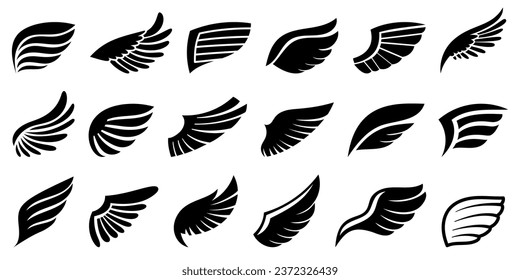 Wings Black Silhouettes Icons Set Isolated on White Background. Birds or Angel Emblem Design Elements. Tattoo or Insignia, Decorative Feather Badges, Monochrome Simple Drawing. Vector Illustration