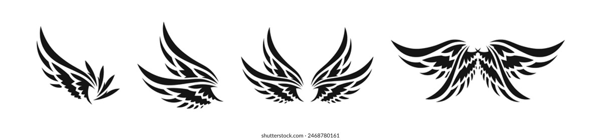 Wings black tatoo set. Angel wing, art decoration flat set.