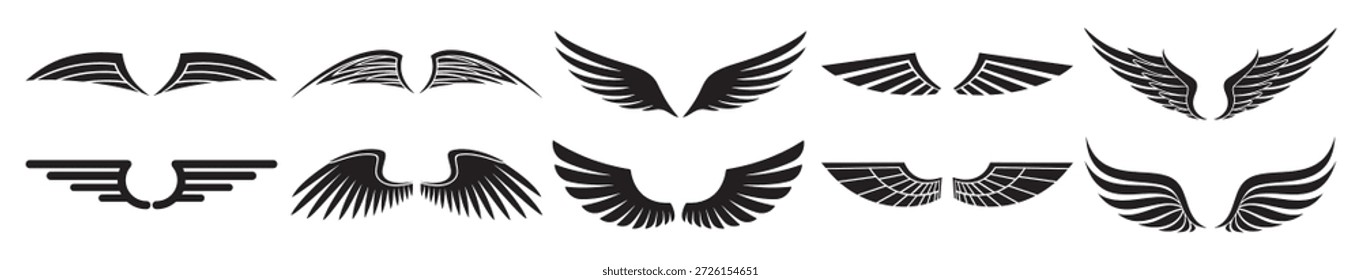 Conjunto de iconos de vector negro de alas.