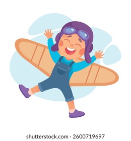 Wings with Boy Character Pretend Flying Vector Illustration