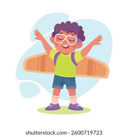 Wings with Boy Character Pretend Flying Vector Illustration