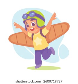 Wings with Boy Character Pretend Flying Vector Illustration