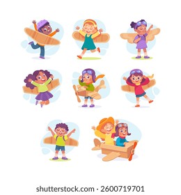 Wings with Boy and Girl Character Pretend Flying Vector Illustration Set