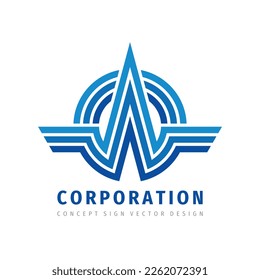 Wings - Vorlage für Firmenlogo, kreative Illustration. Abstraktes Vektorzeichen befördern. Design-Element für Kreise und Streifen. Unternehmenserfolg Dynamik Fortschritt Markenlogo.