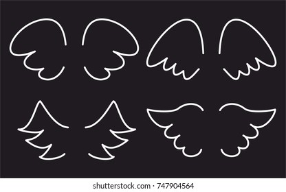 Wings collection. Vector illustration set with white angel or bird wing icon isolated on black background