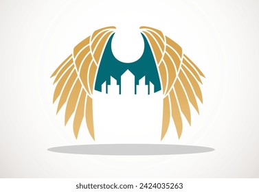 wings covering property. Real estate logo with eagle wings around. creative construction architecture logo with wings.