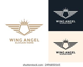 Wings with Crown logo design template, Gold vintage wings logo icon vector